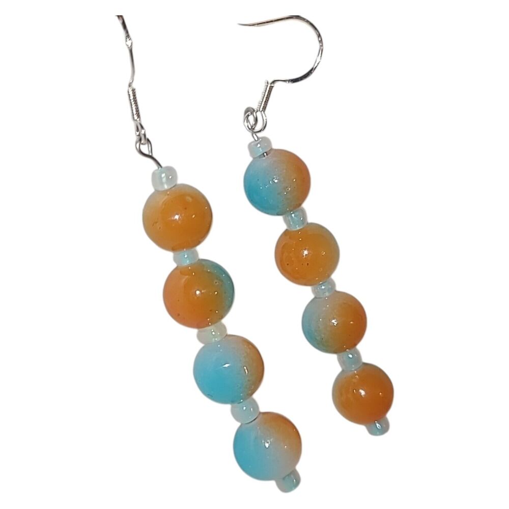 Handmade Sterling Silver 925 Blue & Orange Glass Bead Dangle Earrings 3"